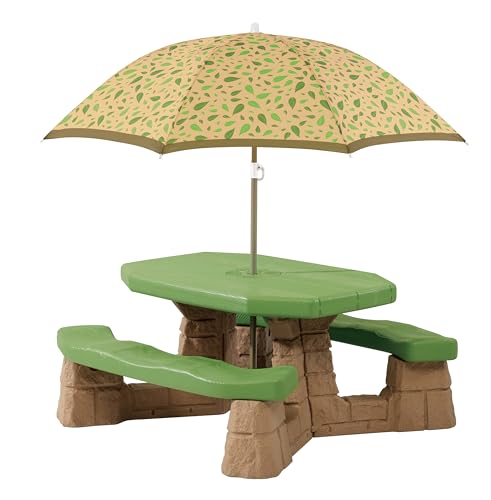 Step2 Naturally Playful Kids Picnic Table with Removeable Umbrella, Indoor/Outdoor Toys, Fits 6 Children, Made of Durable Plastic, For Toddlers 3+ Years Old, Green & Leaves