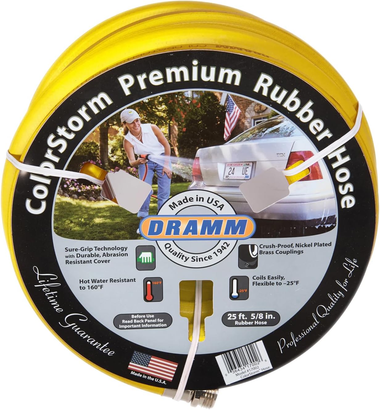 Dramm ColorStorm Premium Rubber Garden Hose, No Kink, Leak Proof Water Hose, Male Female Fittings, Made in USA, Hot & Cold Resistant, 518 Burst PSI, Yellow, 5/8"x50'