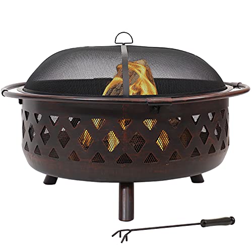 Sunnydaze Crossweave Outdoor Fire Pit - Wood-Burning Fire Pit for Outside with Spark Screen, Poker and Round Cover - 36-Inch - Bronze