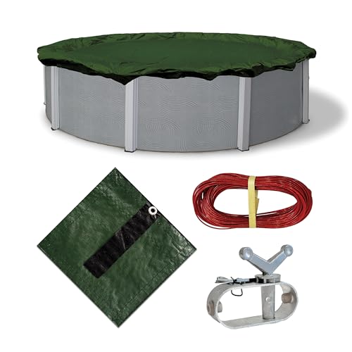 Blue Wave Silver 12-Year 21 ft Round Above Ground Pool Cover for Winter Durable & Weather-Resistant Polyethylene 4 ft Overlap, Black Underside, Reinforced Grommets, Winch, Cable Forest Green