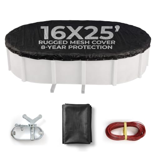 Blue Wave Rugged Mesh 8-Year 16 ft x 25 ft Oval Above Ground Pool Cover for Winter  Fine Mesh Debris Barrier  4 ft Overlap, Reinforced Grommets, Vinyl-Coated Cable, Metal Winch  Black - BWC628