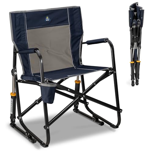GCI Outdoor Freestyle Rocker Camping Chair | Portable Folding Rocking Chair with Solid, Durable Armrests, Drink Holder & Comfortable Backrest  Indigo Blue