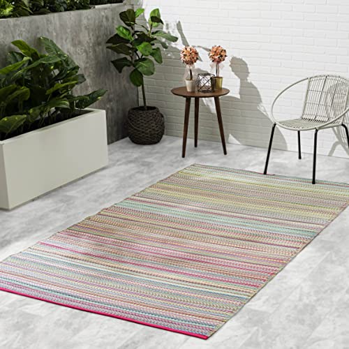 Fab Habitat Outdoor Rug - Waterproof, Fade Resistant, Crease-Free - Premium Recycled Plastic - Striped - Patio, Porch, Deck, Balcony - Cancun - Candy - 5 x 8 ft