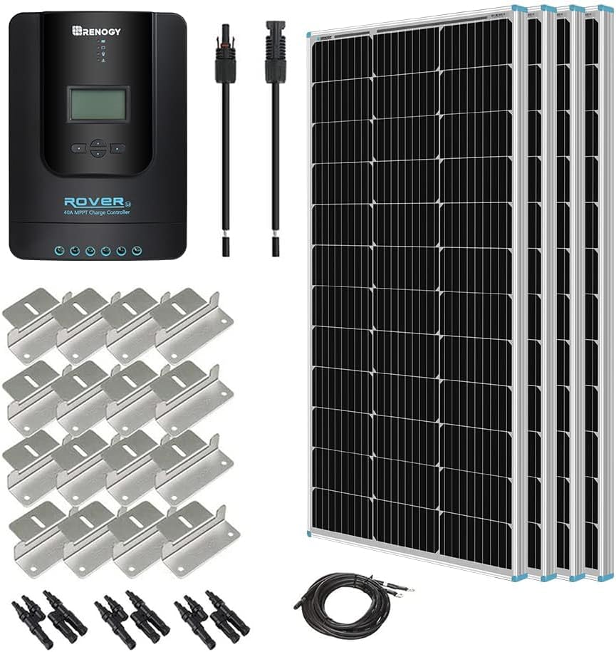New Upgrades Renogy 400W 12V Solar Panel Starter Kit, 4 * 100 Watt N-Type 16BB Solar Panel, MPPT 40A Charge Controller, Adaptor Kit, Tray Cables, Mounting Z Brackets for RV, Camper, Off-Grid System