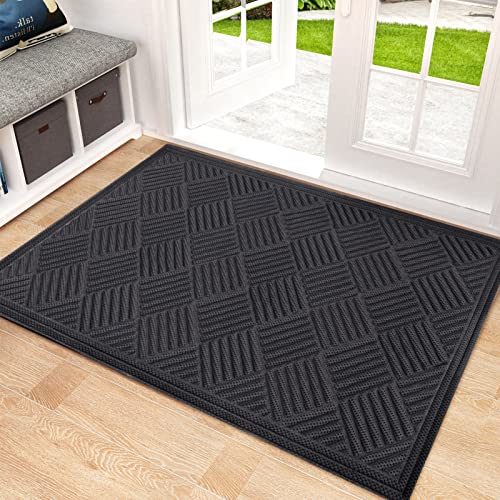 Mibao Front Door Mat, Dirt Trapper Welcome Mat for Outdoor Indoor, Non-Slip Waterproof Doormat, Durable Machine Washable Low Profile Entry Rug for Back Door Outside Patio Porch, 35.5" x 24", Gray