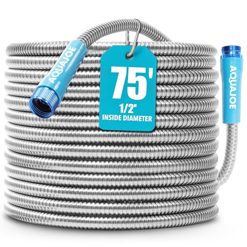 Aqua Joe AJSGH75 1/2-Inch Heavy-Duty, Puncture Proof Kink-Free, Spiral Constructed 304-Stainless Steel Metal, Garden Hose, 75-Foot