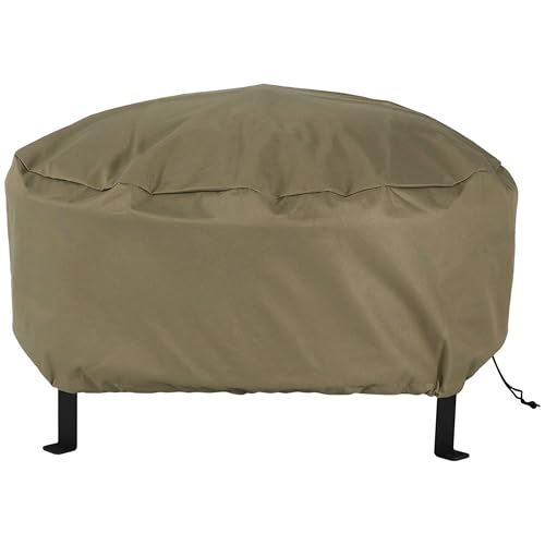 Sunnydaze Round Outdoor Fire Pit Cover - Heavy-Duty 300D Polyester and PVC with Drawstring Closure - Khaki - 48-Inch