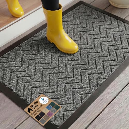 GORILLA GRIP 100% Waterproof All-Season WeatherMax Doormat, 23x35, Durable Natural Rubber, Stain and Fade Resistant, Low Profile, Indoor Outdoor Doormats, Easy Clean Patio Entrance Mat, Steel Chevron