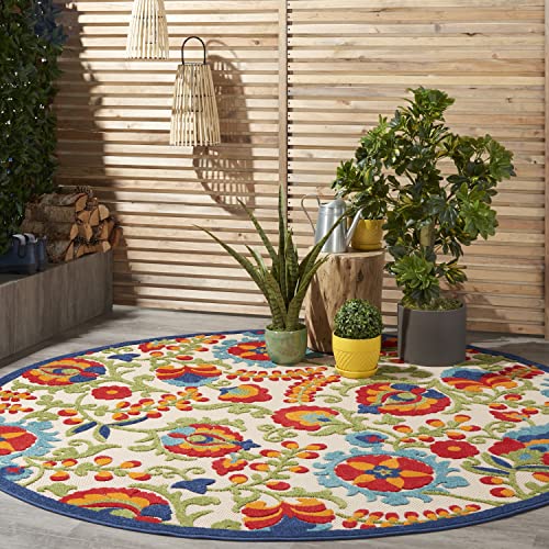 Nourison Home Aloha Indoor/Outdoor Multicolor 710 x Round Area Rug, Easy Cleaning, Non Shedding, Bed Room, Living Room, Dining Room, Backyard, Deck, Patio (8 Round)