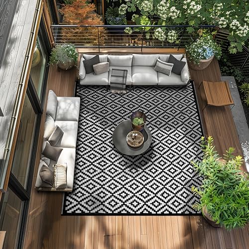 Green Decore Reversible Nirvana Outdoor Rug, Waterproof, Fade Resistant, Modern Large Floor Mats for Patios,Decks, Garden and Outdoors, Beach, Camping, Picnic - (Black/White, 8 X 10 ft)