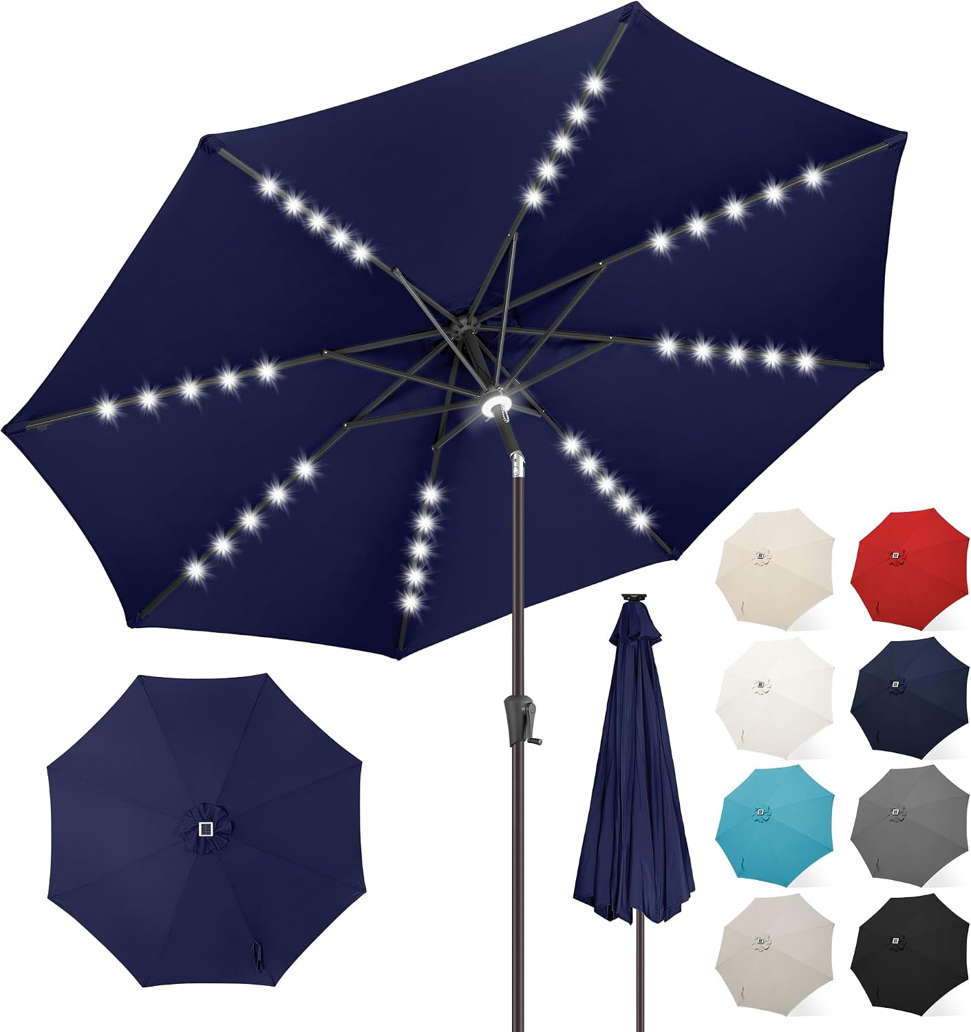 FLAME&SHADE 11 ft Solar Powered Outdoor Market Patio Table Umbrella with LED Lights and Tilt, Navy Blue