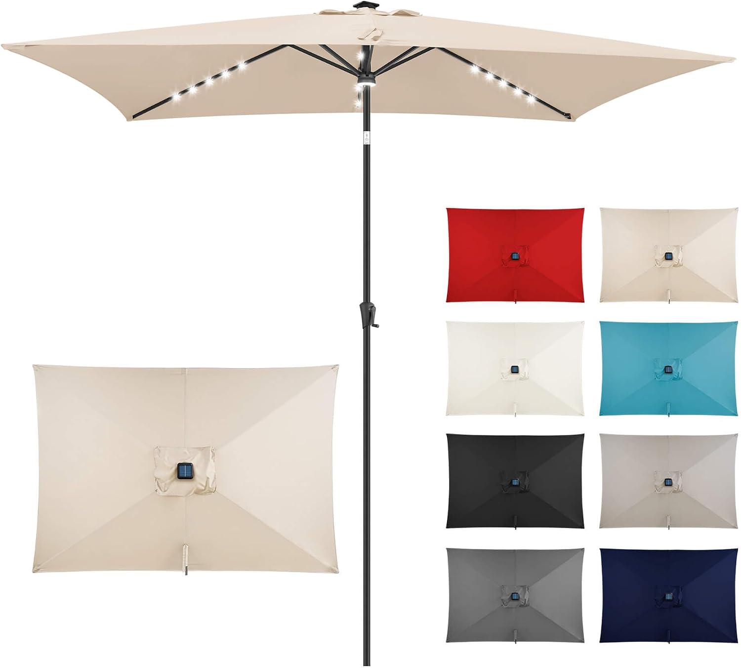 FLAME&SHADE 6.5 x 10 ft Rectangular Solar Powered Outdoor Market Patio Table Umbrella with LED Lights and Tilt, Beige