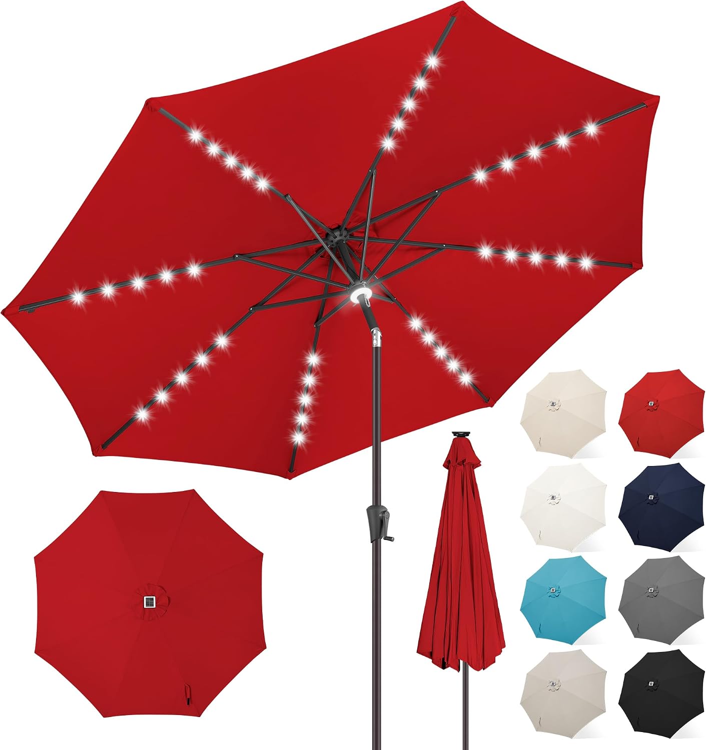FLAME&SHADE 9 ft Patio Umbrella with Solar Lights, 40 LED Lighted Table Outdoor Umbrella for Deck, Pool, Porch, Backyard, Market, Garden, 8 Sturdy Ribs, UV Protection, Red