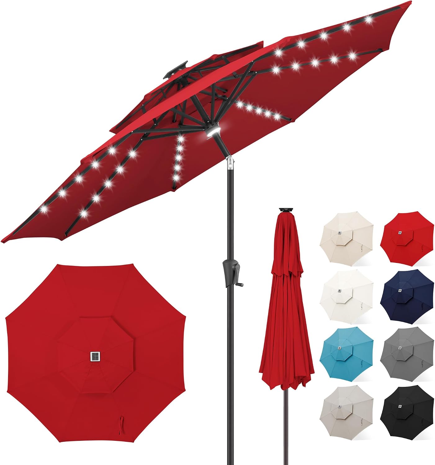 FLAME&SHADE 9 ft Double Top Solar Patio Outdoor Umbrella with 40 LED Lighted and Tilt, Market Table Umbrella for Pool, Porch, Garden, Deck, Yard Red