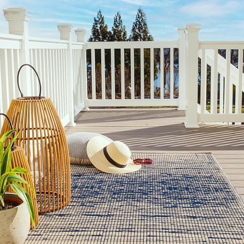 Fab Habitat Abstract Distressed Stripes Outdoor Rug - Waterproof, Fade Resistant, Crease-Free, Reversible - Premium Recycled Plastic - Patio Porch Balcony Deck - Brooklyn Blue - 8x10 ft