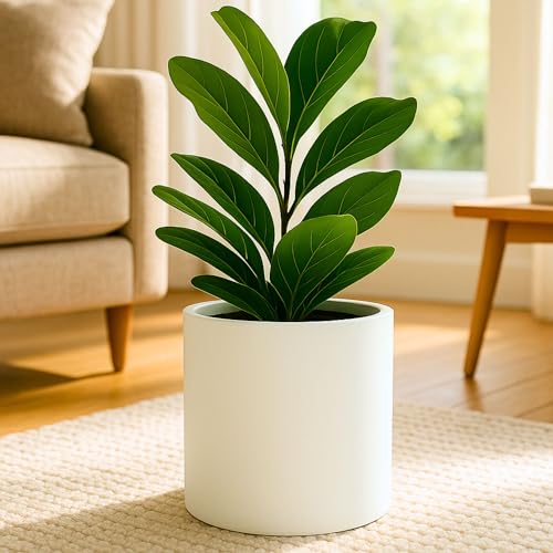 Fox & Fern 10 Inch Plant Pot with Drainage Plug  Premium Lightweight Fiberstone Matte White Planter; Indoor & Outdoor Planter; 10 Inch Pots for Plants Indoor; Weather & UV Resistant