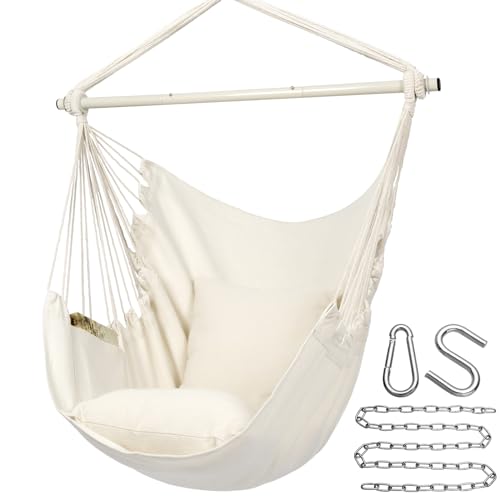 Y- STOP Hammock Chair Hanging Rope Swing Chair, Max 500 Lbs, 2 Seat Cushions Included, Removable Steel Spreader Bar with Anti-Slip Rings for Indoor or Outdoor(Beige)
