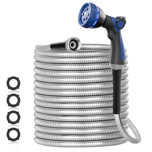 50ft 304 Stainless Steel Garden Hose Metal, Heavy Duty Water Pipe with Nozzles for Yard, Outdoor - Flexible, Never Kink & Tangle, Puncture Resistant (Sliver)