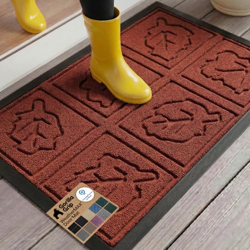GORILLA GRIP 100% Waterproof All-Season WeatherMax Doormat 35x23, US Designed Natural Rubber, Stain and Fade Resistant, Low Profile Indoor Outdoor Door Mats, Easy Clean Patio Mat, Burgundy Leaves