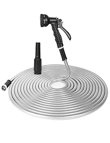 Stainless Steel Metal Water Hose - 100FT with 2 Nozzles, Lightweight, Heavy Duty, High Pressure, Flexible, Tangle Free & Kink Free Cool to Touch, Outdoor Yard Hose