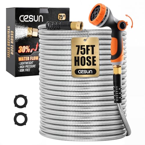 Cesun Metal Garden Hose 75ft - 304 Stainless Steel Water Hose, Flexible, Lightweight and No-Kink Metal Hose with Brass Nozzle for Outdoor, Yard