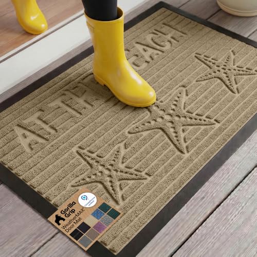 GORILLA GRIP 100% Waterproof All-Season WeatherMax Doormat 35x23, US Designed Natural Rubber, Stain and Fade Resistant, Low Profile Indoor Outdoor Door Mats, Easy Clean Patio Mat, Sand Beach