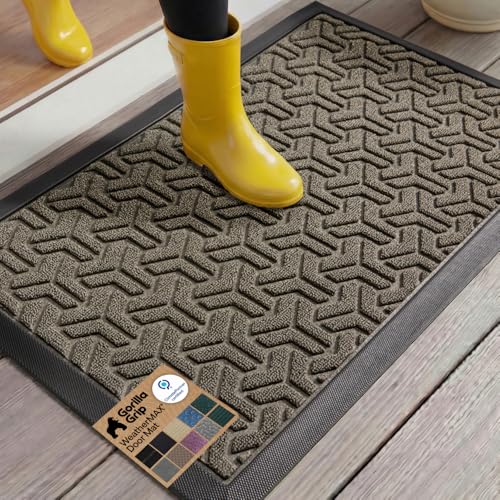 GORILLA GRIP 100% Waterproof All-Season WeatherMax Doormat 35x23, US Designed Natural Rubber, Stain and Fade Resistant, Low Profile Indoor Outdoor Door Mats, Easy Clean Patio Mat, Slate Geometric