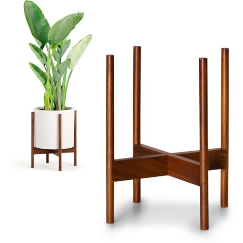 Fox & Fern Mid Century Plant Stand  11.8 Inch Fixed Size Wooden Plant Stand for Indoor Planters (Not Included); Raised Large Flower Pot Holder for Indoor Big Pots; Plug In Design; Two Heights; Acacia