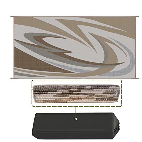 EEZ RV Products 9'x12'BRW Heavy Duty Reversible/Durable Outdoor Patio/RV Mats - Perfect for Camping, Beach (9ft x 12ft Brown) Come with Large Storage Bag & 6 Sets of Stakes and Washer
