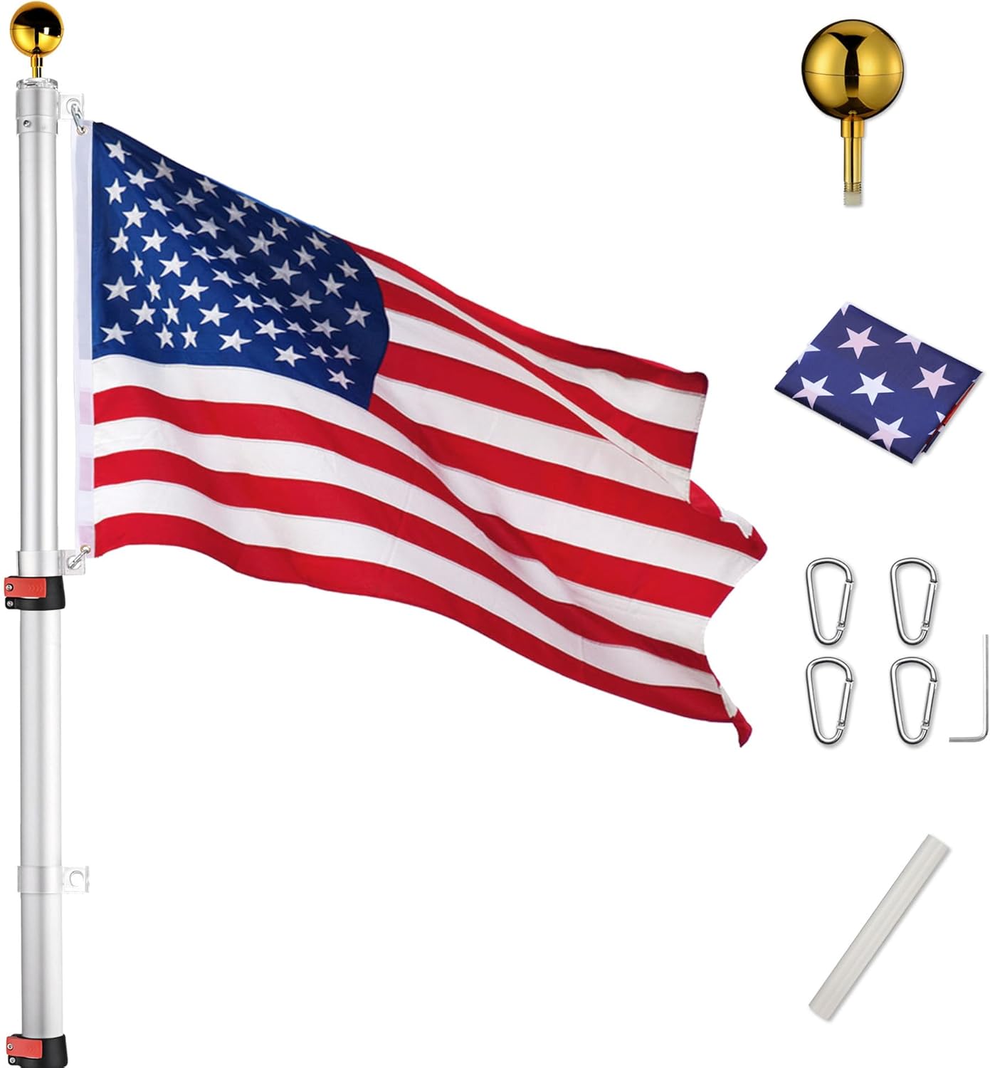 Yeshom 30 ft Telescopic Flag Pole Kit Fly 2 Flags Aluminum Flagpole 3'x5' US Flag & Ball for Yard Outdoor Garden