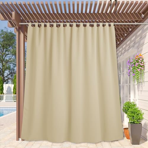 RYB HOME Waterproof Outdoor Curtains - Extra Wide Blackout Curtains Windproof Privacy Sunlight Block Panel for Patio Porch Shower Spa, W 100 x L 95 Inches, Cream Beige
