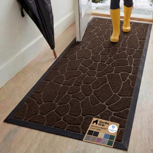 GORILLA GRIP 100% Waterproof All-Season WeatherMax Doormat, 72x24, US Designed Natural Rubber, Stain and Fade Resistant, Low Profile Indoor Outdoor Door Mats, Easy Clean Patio Mat, Dark Brown Pebble
