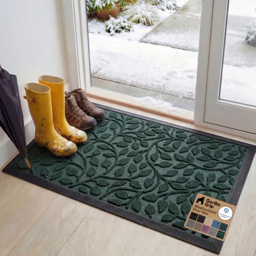 GORILLA GRIP 100% Waterproof All-Season WeatherMax Doormat, 47x35, US Designed Natural Rubber, Stain and Fade Resistant, Low Profile Indoor Outdoor Door Mats, Easy Clean Patio Mat, Moss Vine Leaves