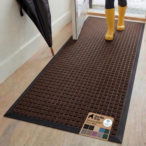 GORILLA GRIP 100% Waterproof All-Season WeatherMax Doormat, 72x24, US Designed Natural Rubber, Stain and Fade Resistant, Low Profile Indoor Outdoor Door Mats, Easy Clean Patio Mat, Coffee Squares