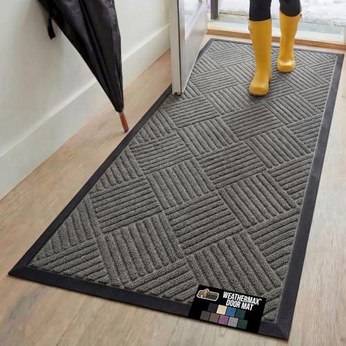 GORILLA GRIP 100% Waterproof All-Season WeatherMax Doormat, 72x24, US Designed Natural Rubber, Stain and Fade Resistant, Low Profile Indoor Outdoor Door Mats, Easy Clean Patio Mat, Gray Diamond