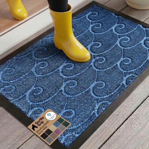 GORILLA GRIP 100% Waterproof All-Season WeatherMax Doormat, 23x35, Durable Natural Rubber, Stain and Fade Resistant, Low Profile, Indoor Outdoor Doormats, Easy Clean Patio Entry Mat, Ocean Blue Waves