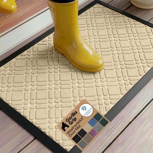 GORILLA GRIP 100% Waterproof All-Season WeatherMax Doormat 35x23, US Designed Natural Rubber, Stain and Fade Resistant, Low Profile Indoor Outdoor Door Mats, Easy Clean Patio Mat, Modern Latte
