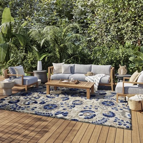Nourison Aloha Indoor/Outdoor Natural/Blue 9'6" x 13' Area Rug, Easy Cleaning, Non Shedding, Bed Room, Living Room, Dining Room, Backyard, Deck, Patio (10x13)