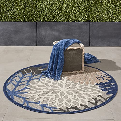Nourison Aloha Indoor/Outdoor Blue/Multicolor 4' x Round Area Rug, Tropical, Botanical, Easy Cleaning, Non Shedding, Bed Room, Living Room, Dining Room, Deck, Backyard, Patio (4 Round)