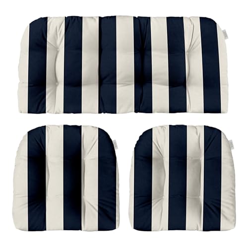 RSH DECOR 3-Piece Wicker Tufted Cushion Set (Navy & White Stripe)