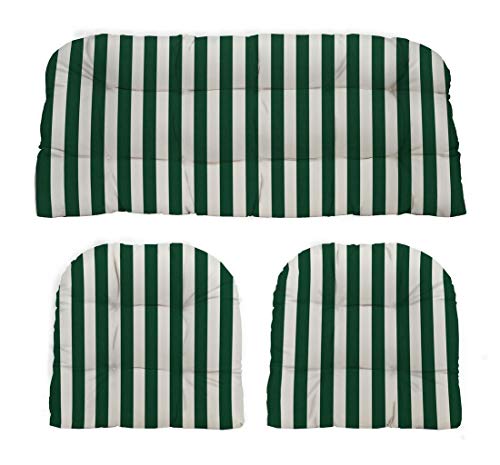 RSH DECOR: 3-Piece Wicker Tufted Cushion Set | 41 x 19" & 19" x 19" | All-Weather Spun Fabric | Water Resistant | Outdoor Loveseat & U-Shape Cushions for Patio Furniture | Hunter Green & White Stripe