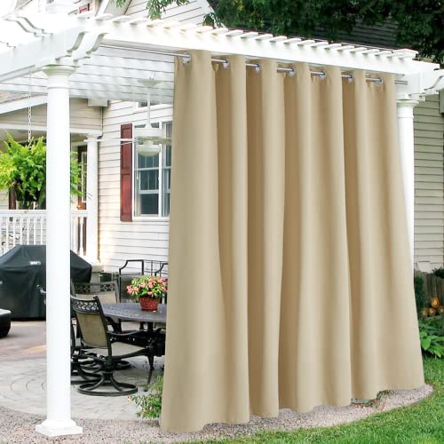 RYB HOME Extra Wide Outdoor Curtains Waterproof Blackout Drapes for Patio/Sliding Glass Door/Corridor/Porch/Terrace, 100 Wide x 120 in Long, 1 Pc, Biscotti Beige