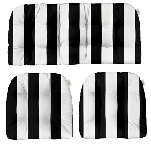RSH DECOR 3-Piece Wicker Tufted Cushion Set (Black & White Stripe)