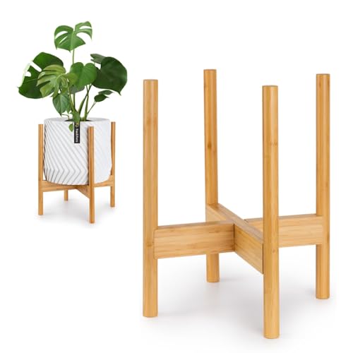 Fox & Fern Bamboo Plant Stand  11.8 Inch Fixed Size Wooden Mid Century Planter Stand for Indoor Planters (Not Included); Raised Large Flower Pot Holder for Indoor Big Pots; Plug In Design - Bamboo
