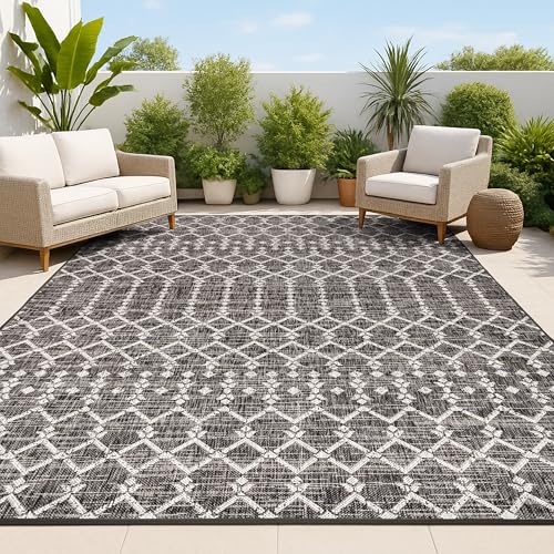 JONATHAN Y Moroccan Geometric Indoor Outdoor Area Rug 8X10 Black/Gray, Ourika Textured Weave for Backyard, Patio, Porch, Easy-Cleaning, High Traffic, Pet-Friendly, Non-Shedding (SMB108F-8)