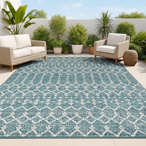 JONATHAN Y Moroccan Geometric Indoor Outdoor Area Rug 8X10 Teal/Gray, Ourika Textured Weave for Backyard, Patio, Porch, Easy-Cleaning, High Traffic, Pet-Friendly, Non-Shedding (SMB108C-8)