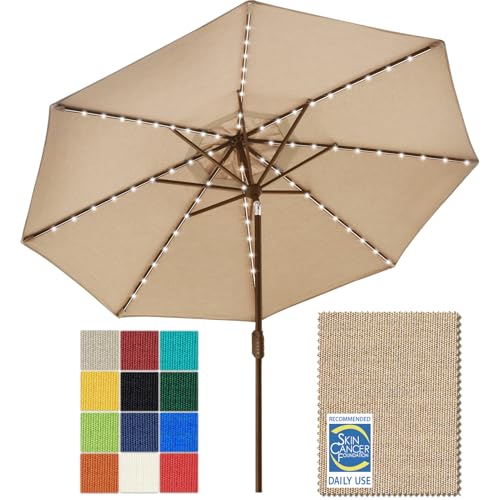 EliteShade USA 10-Year-Non-Fading Solar 9ft Market Umbrella with 80 LED Lights Patio Umbrellas Outdoor Table Umbrella with Ventilation, Heather Beige