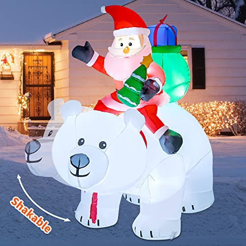 GOOSH 6 FT Christmas Inflatables Santa Clause Riding Bear with Shaking Head Outdoor Decorations Blow Up Yard Decor with LED Lights for Xmas Holiday Party Indoor Garden Lawn Decor