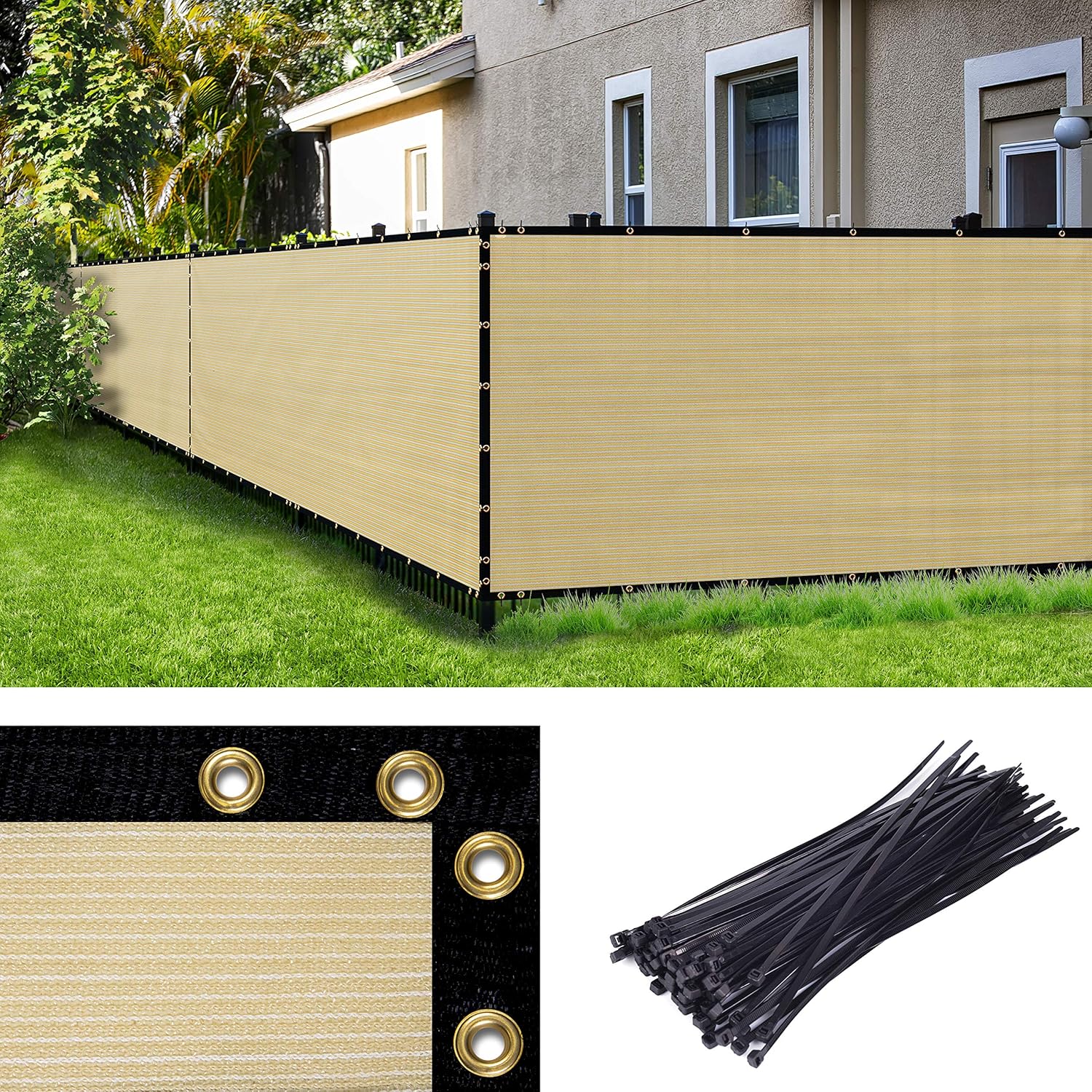 Amgo Custom Made 4' x 111' Beige Fence Privacy Screen Windscreen with Bindings & Grommets, Heavy Duty for Commercial and Residential, 90% Blockage, Cable Zip Ties Included (We Customize)