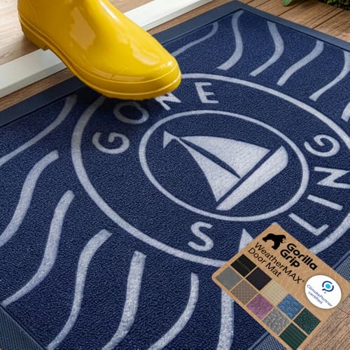 GORILLA GRIP 100% Waterproof All-Season WeatherMax Doormat 35x23, US Designed Natural Rubber, Stain and Fade Resistant, Low Profile Indoor Outdoor Door Mats, Easy Clean Patio Mat, Blue Sailing